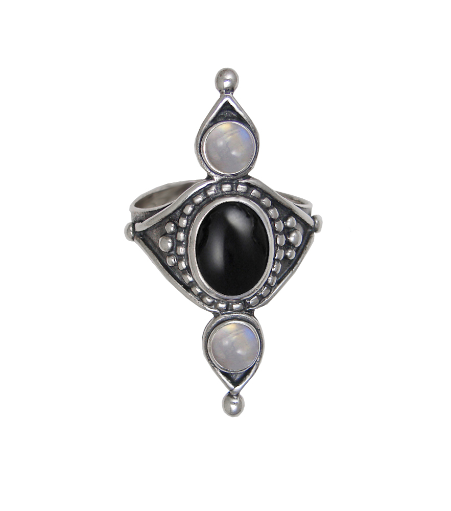 Sterling Silver Royal Ring With Black Onyx And Rainbow Moonstone Size 7